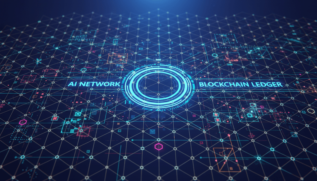 Digital network visualization showing AI and blockchain connectivity