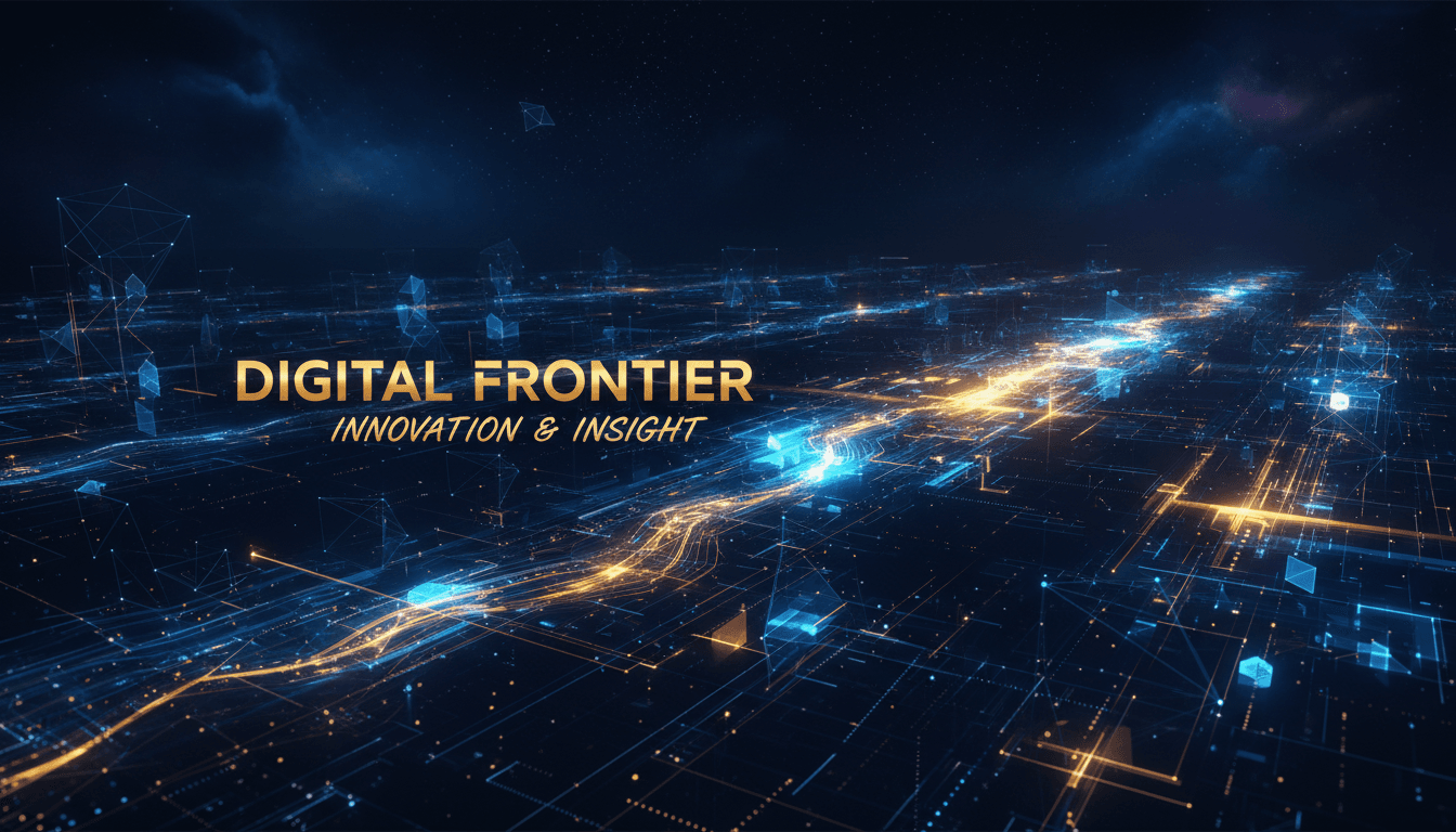 Abstract digital transformation background with geometric patterns and data visualization in professional blue and gold colors