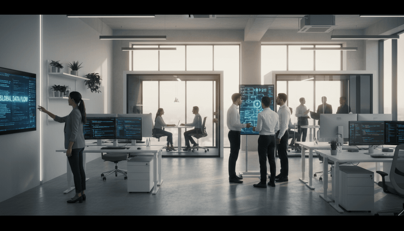 Digital marketing team reviewing strategy dashboards and analytics in modern office setting