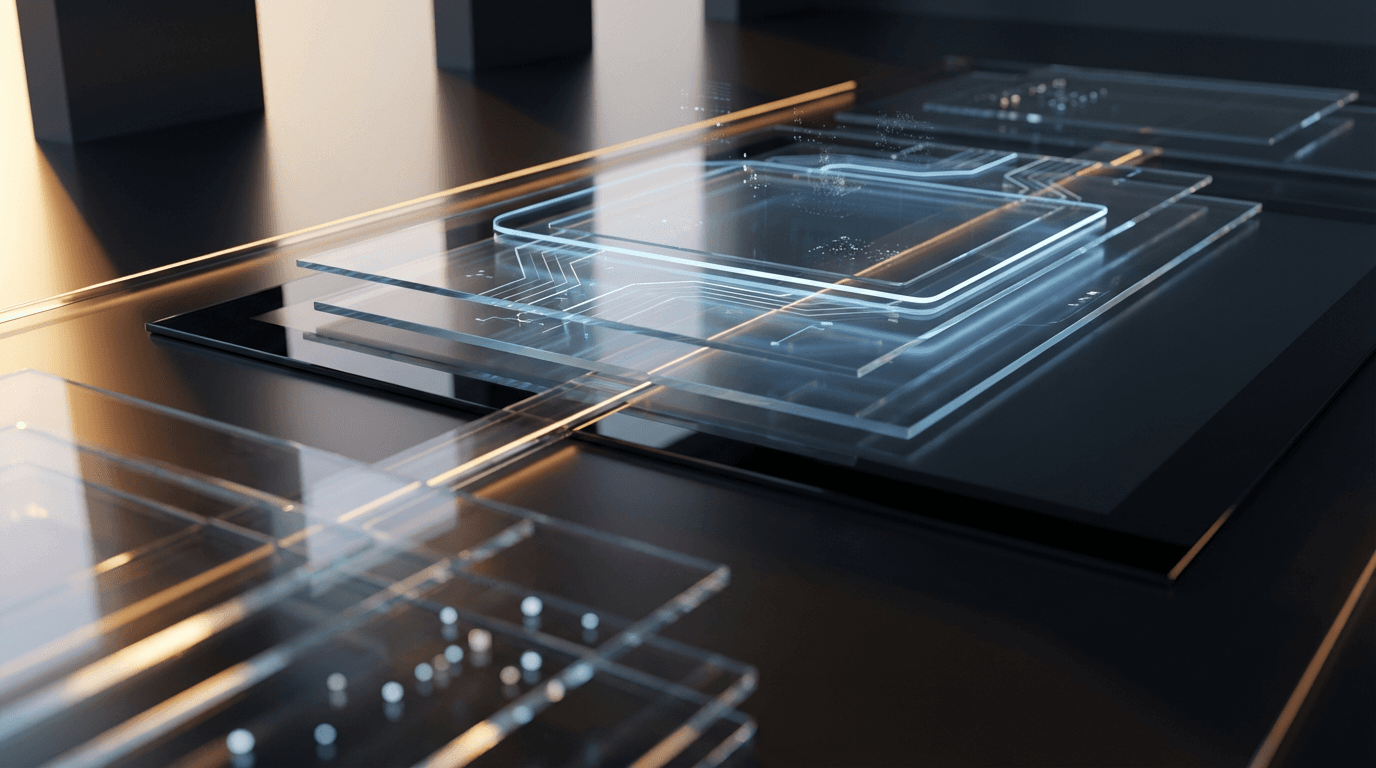 Abstract digital technology background with geometric shapes in blue and gold tones representing digital transformation and innovation