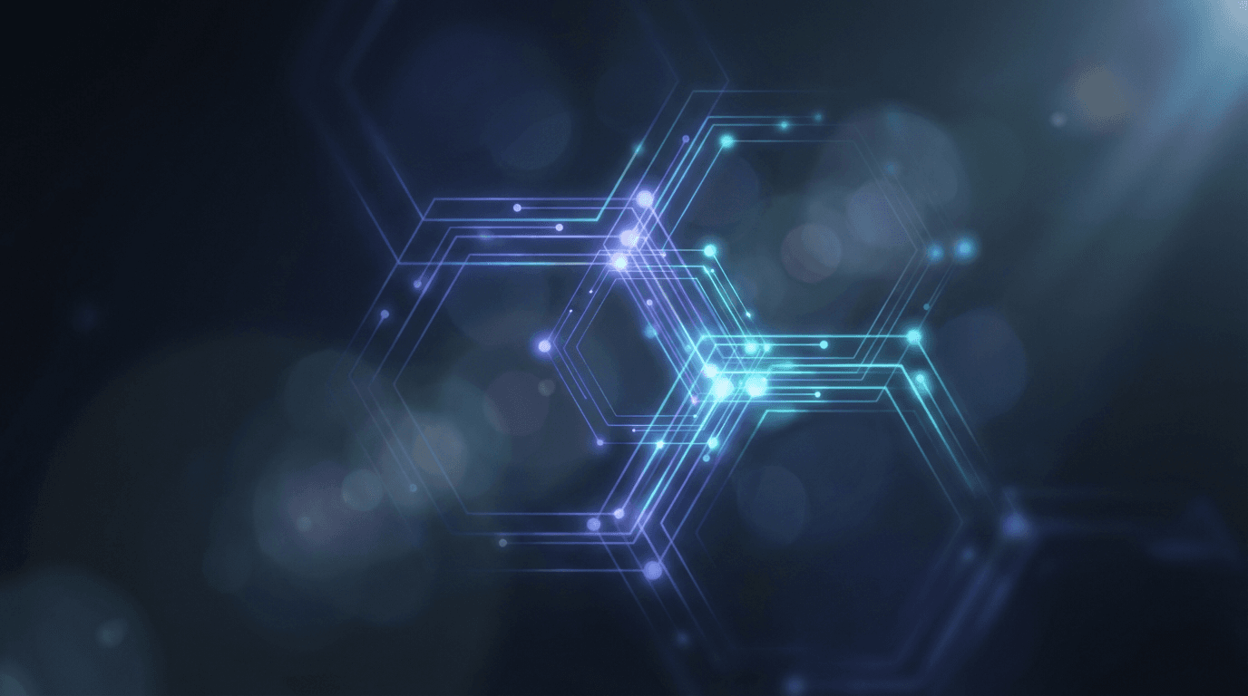 Abstract blockchain network visualization with interconnected digital nodes and modern geometric design